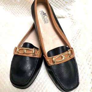 Nearly new black & tan/camel slip on driving shoes